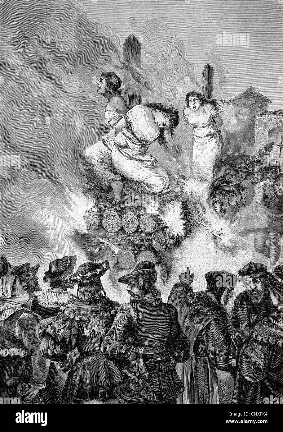 Brûler des sorcières à l'époque médiévale, la gravure de 1883 historique Banque D'Images