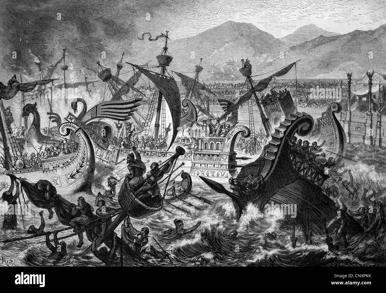Bataille navale, organisé comme une exposition lutte pour le peuple de Rome par l'empereur Claudius, gravure de 1883 historique Banque D'Images