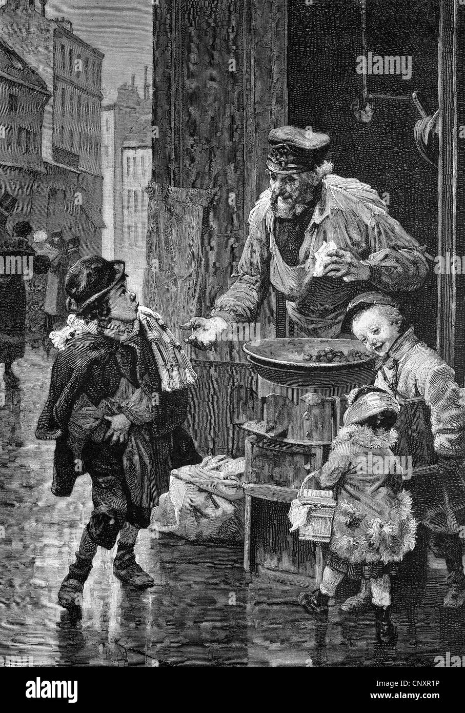 Vente de forfaits de châtaignes grillées dans les rues de Paris, France, gravure de 1883 historique Banque D'Images