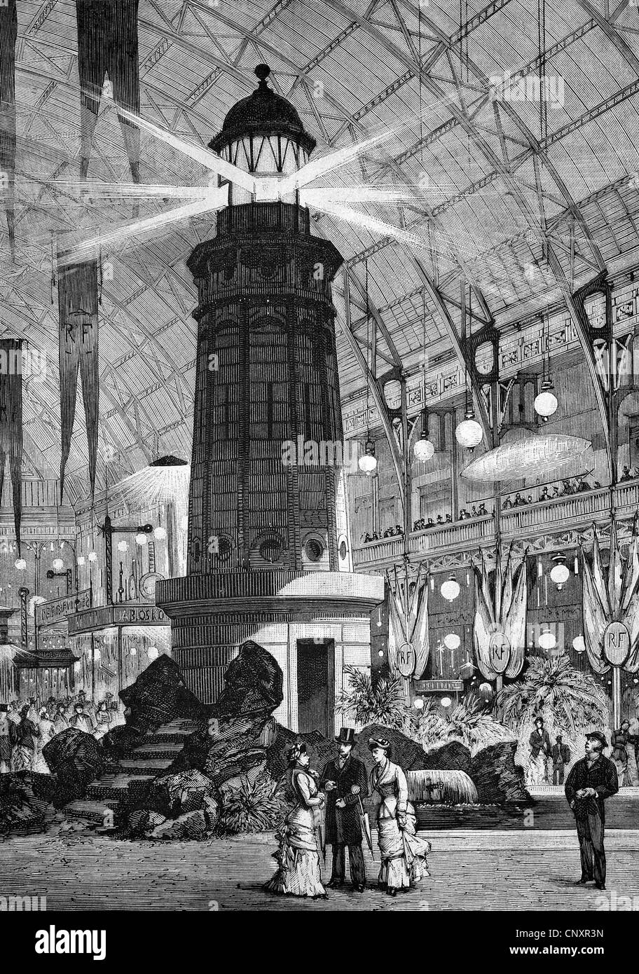 L'installation électrique, exposition à Paris en 1881, la France, la gravure de 1883 historique Banque D'Images