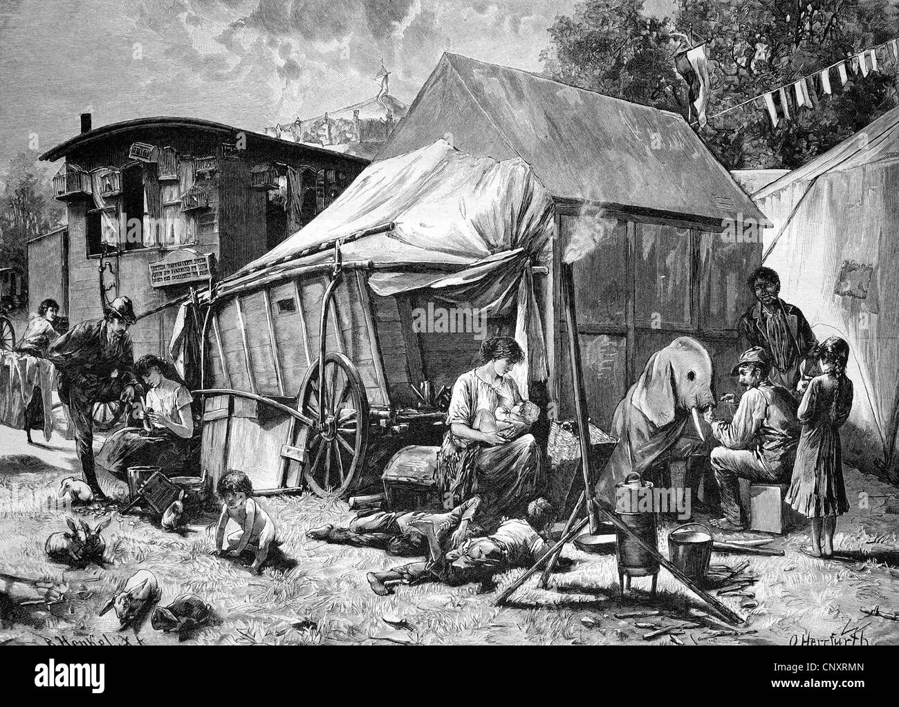 Vie des artistes, une troupe de théâtre itinérante, gravure historique, vers 1888 Banque D'Images