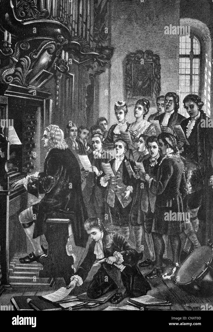 Johann Sebastian Bach à l'orgue lors d'une répétition de chorale, historique de la gravure, 1888 Banque D'Images