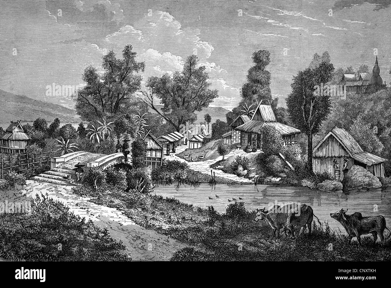 Scène de village au Cambodge, illustration historique, gravure sur bois, vers 1888 Banque D'Images