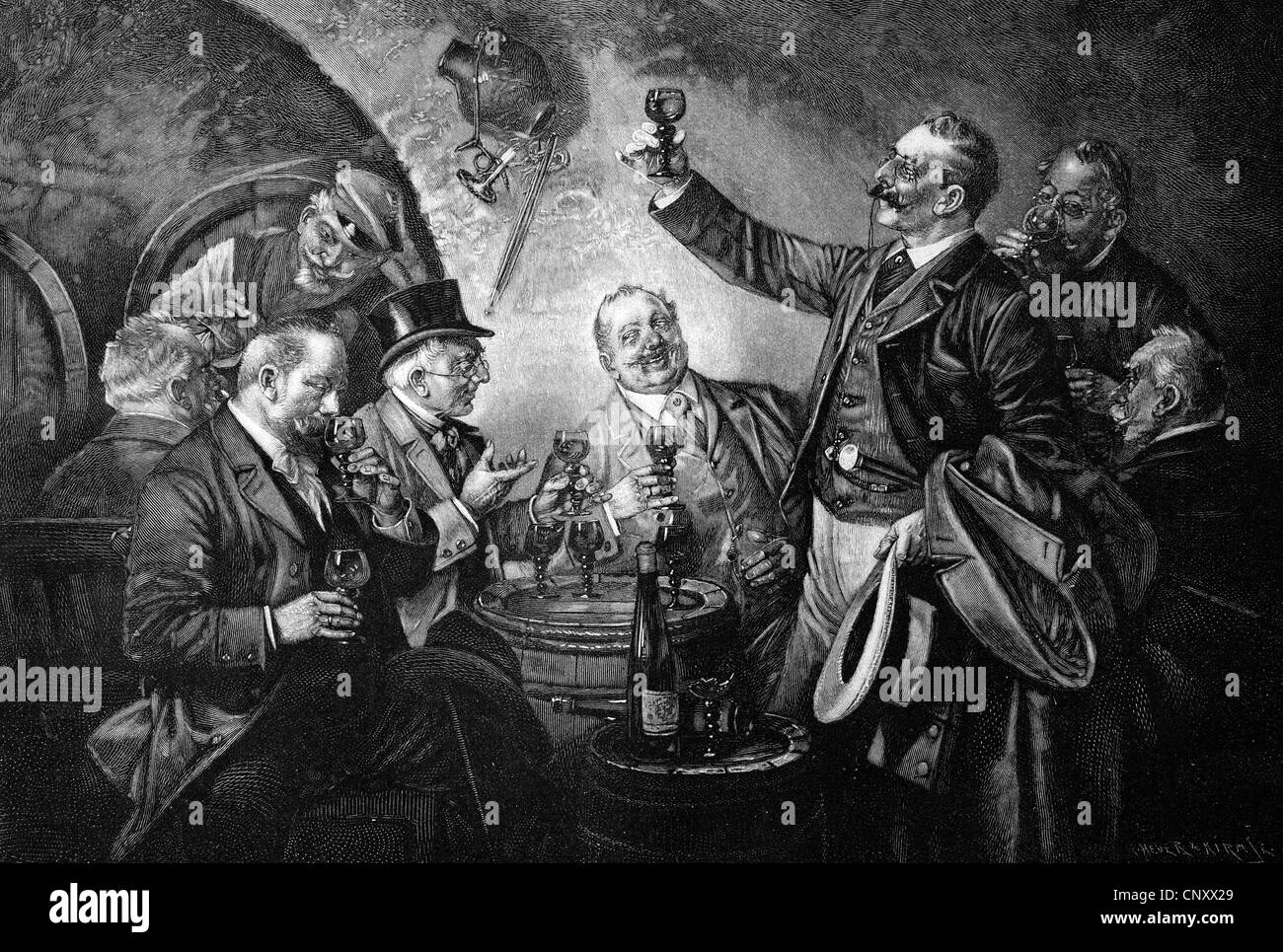 Dégustation de vin de l'historique de conseillers, la gravure sur bois, vers 1897 Banque D'Images