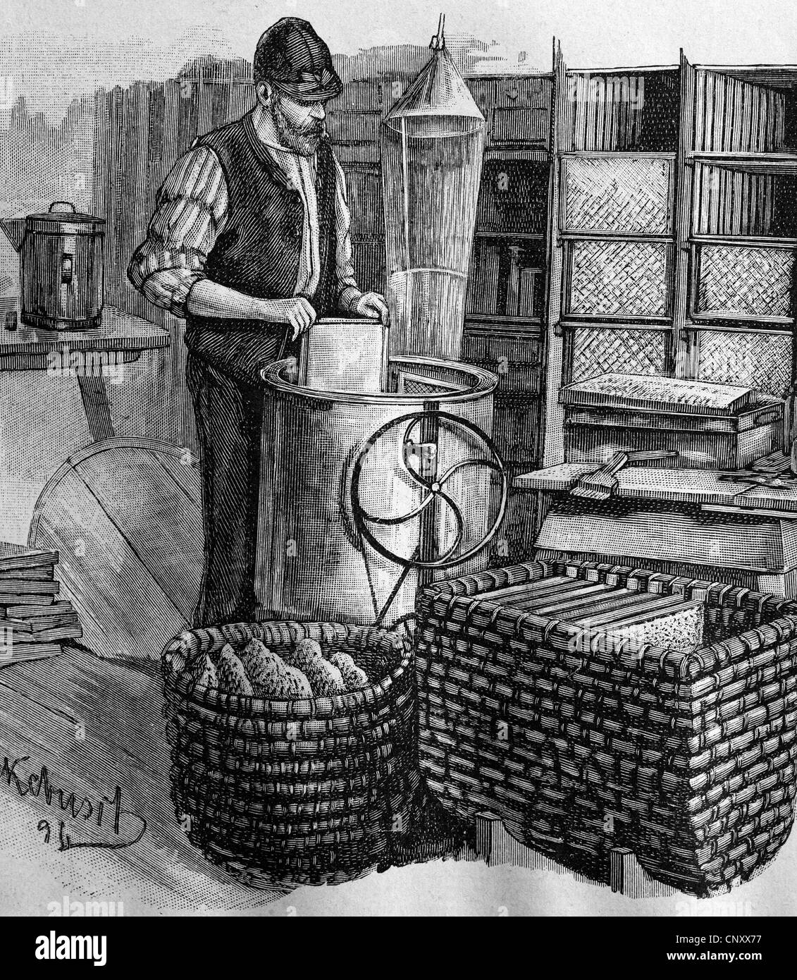 Les apiculteurs au travail, de l'extracteur du miel, historique de la gravure sur bois, vers 1897 Banque D'Images