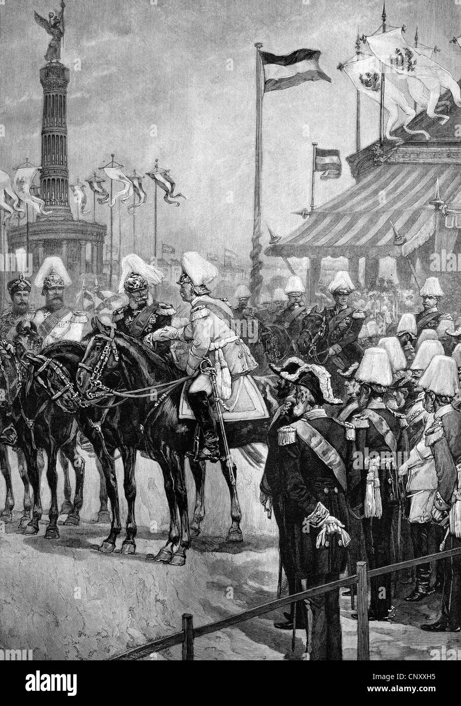 William I, l'empereur allemand Bismarck accueillant à l'occasion du dévoilement de la colonne de la victoire à Berlin, Allemagne, 1873, en bois historique Banque D'Images