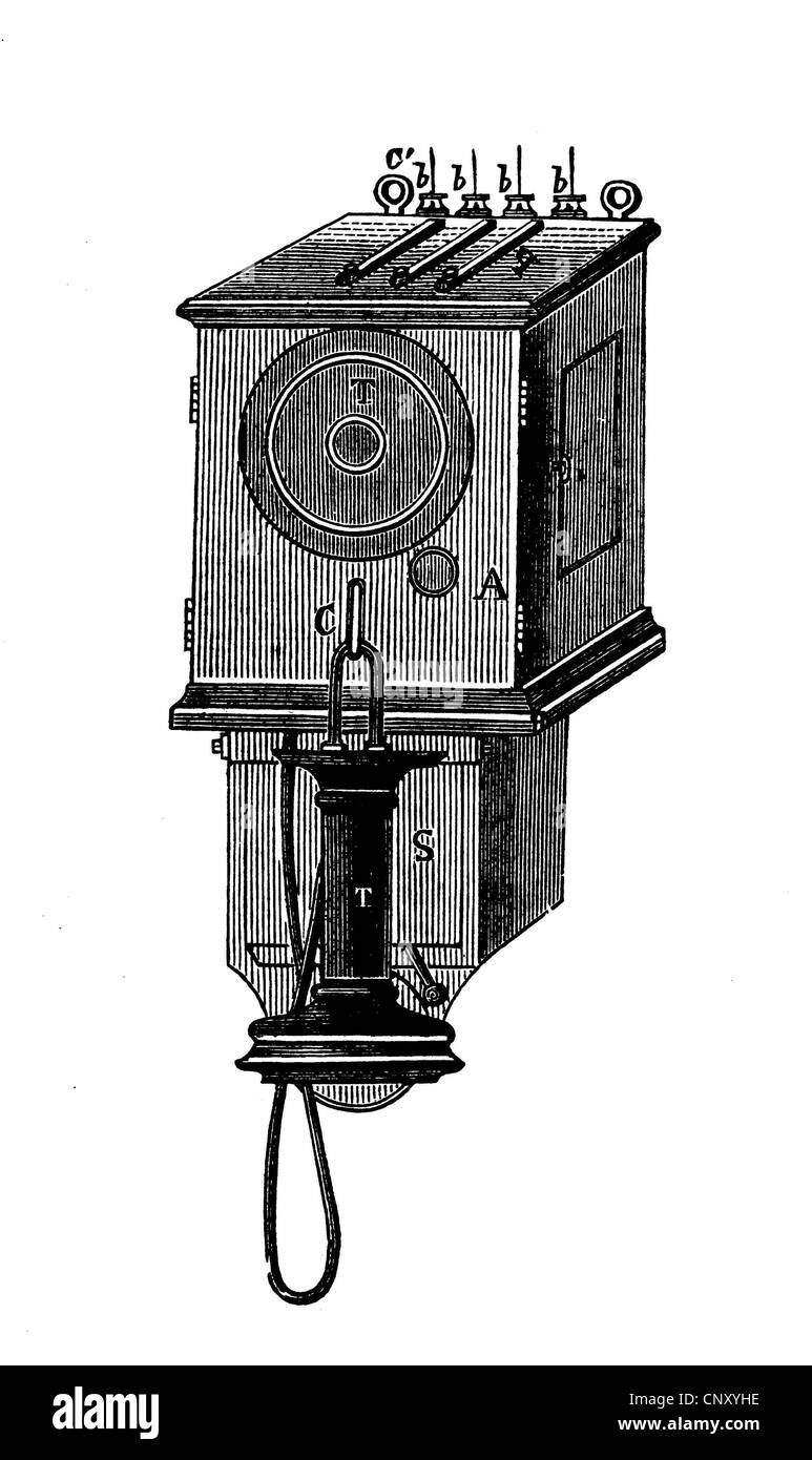 Téléphone historique, système Siemens, historique de la gravure sur bois, vers 1888 Banque D'Images