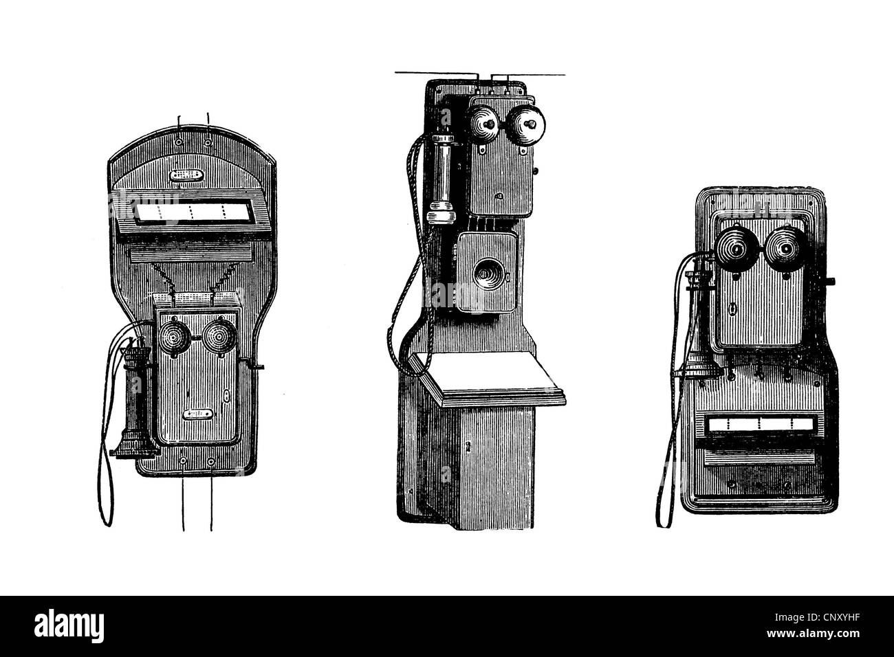 Téléphones historiques, à partir de la gauche : Ader - Van Rysselberghe, Blake - Bell, Ader - Van Rysselberghe, gravure sur bois, un historique Banque D'Images