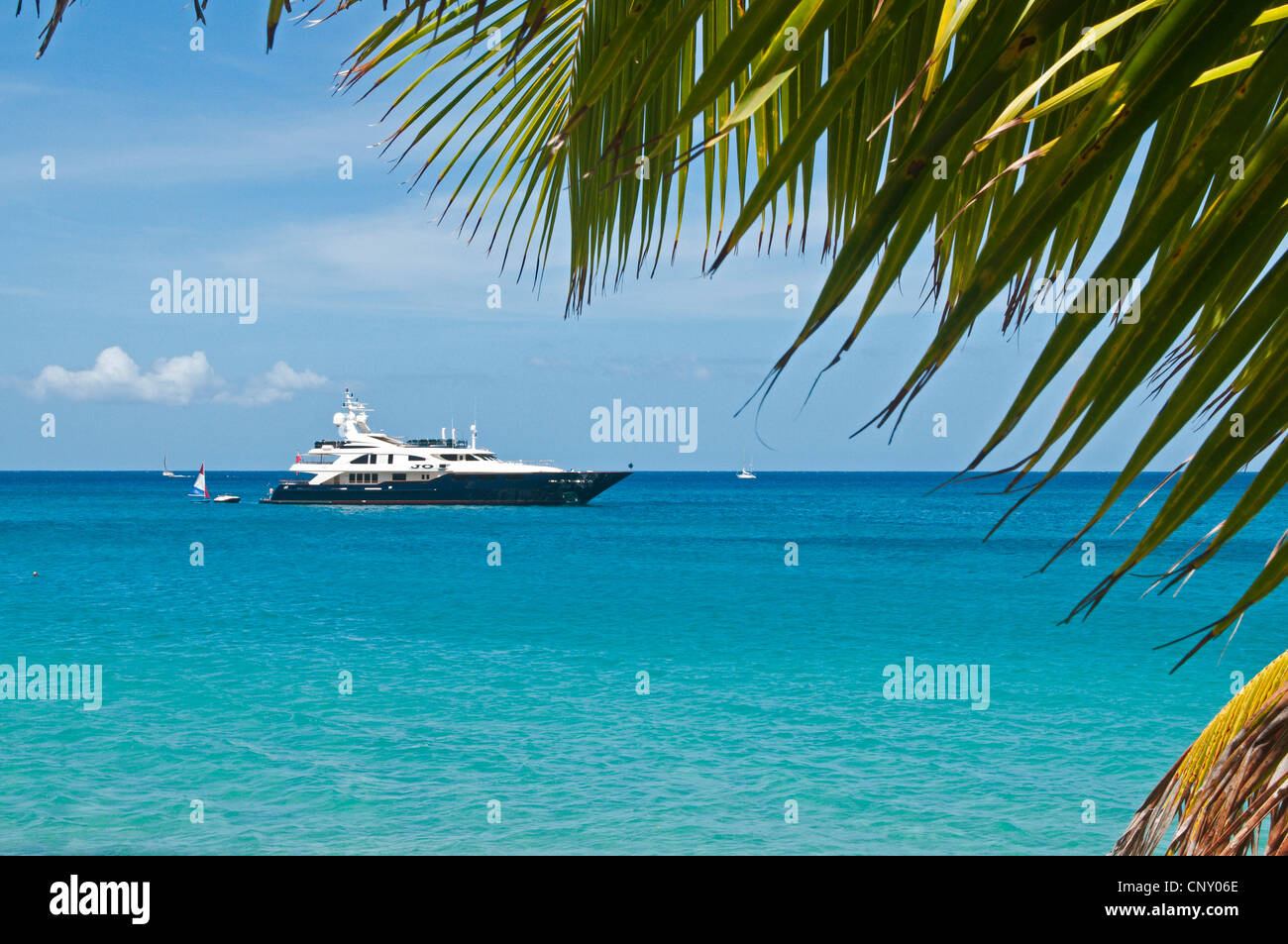 Wuew à partir d'un palm beach à un yacht dans la baie inférieure, Saint Vincent et les Grenadines, Bequia Banque D'Images