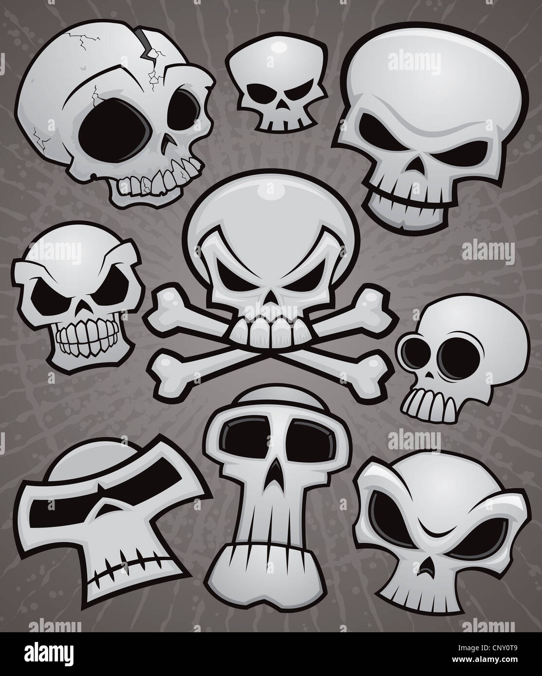 Une collection de dessins vectoriels crânes dans divers styles. Banque D'Images