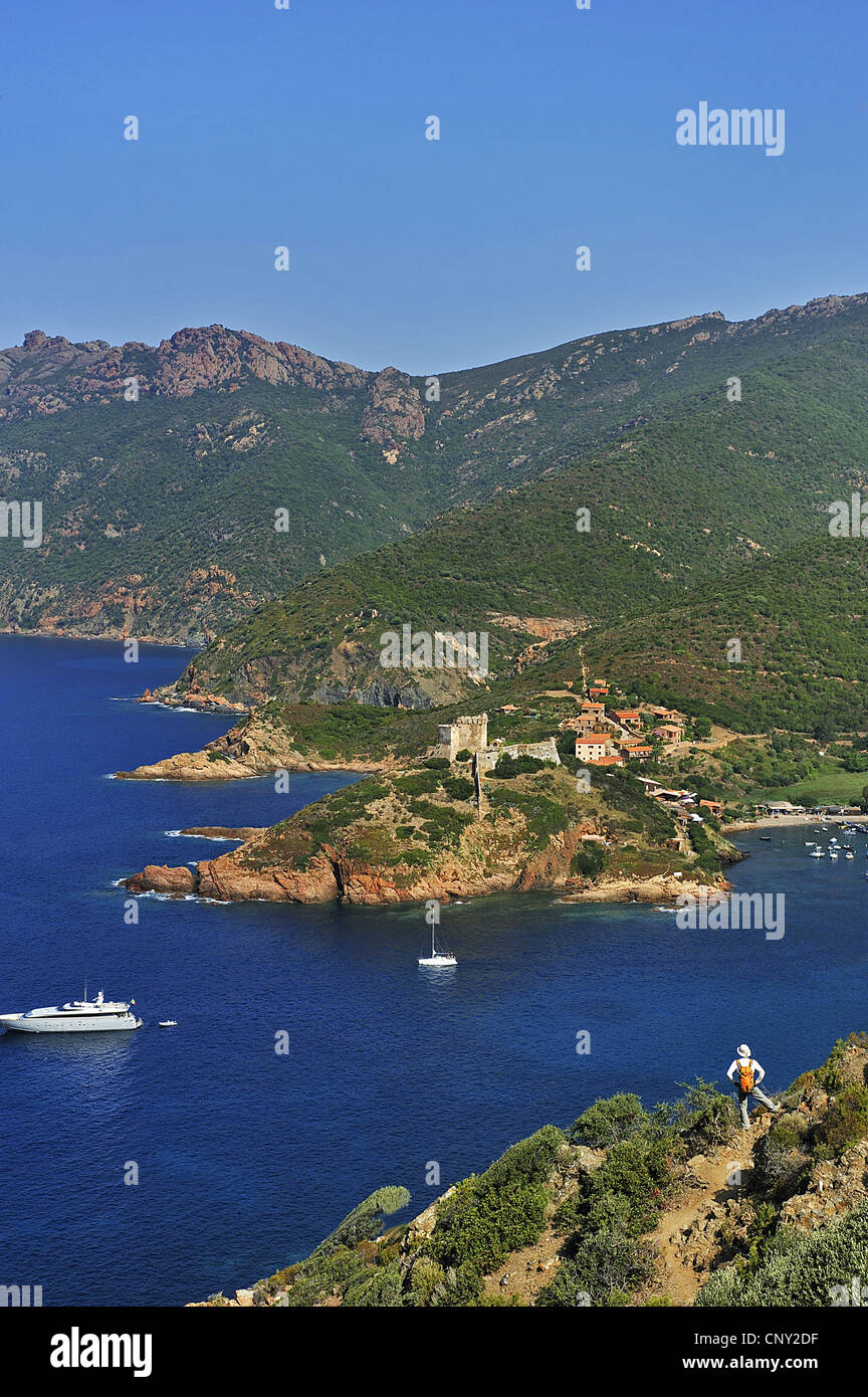 Baie de Girolata et les ruines du château, France, Corse, la Scandola, Girolata Banque D'Images