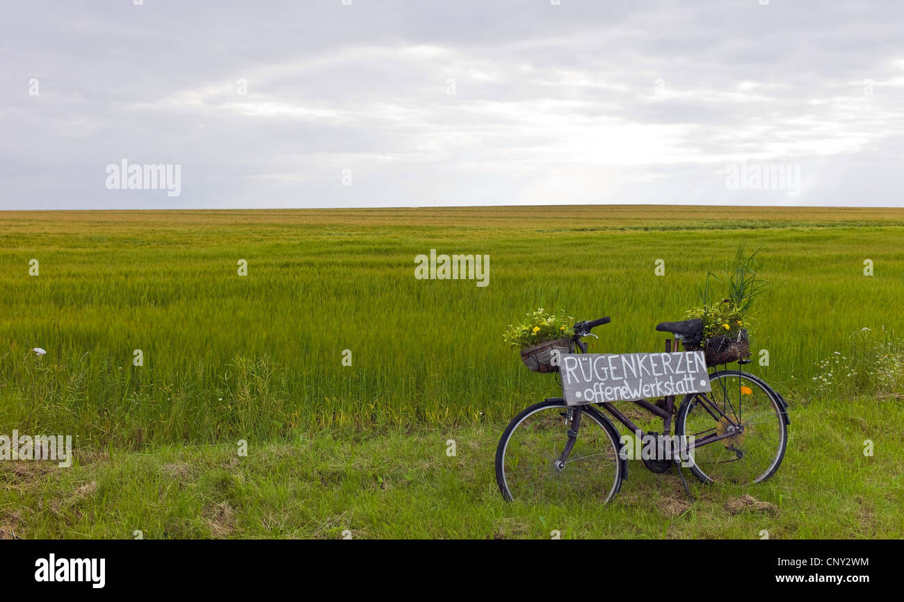 Vélo avec publicité pour les bougies, fait main Ruegenkerzen typique, l'Allemagne, Mecklembourg-Poméranie-Occidentale Banque D'Images