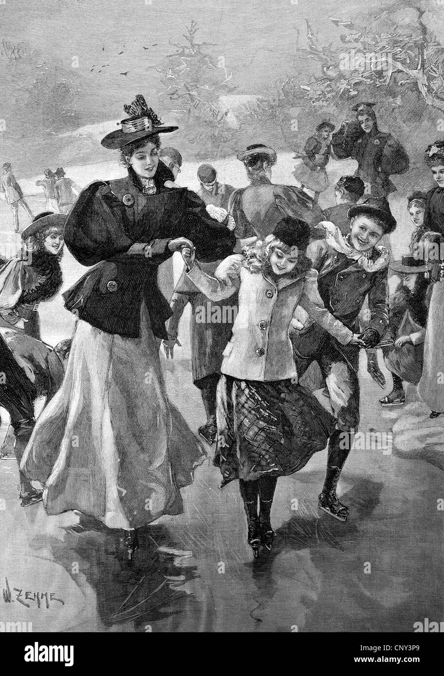 Patin à glace, illustration historique, gravure sur bois, vers 1888 Banque D'Images