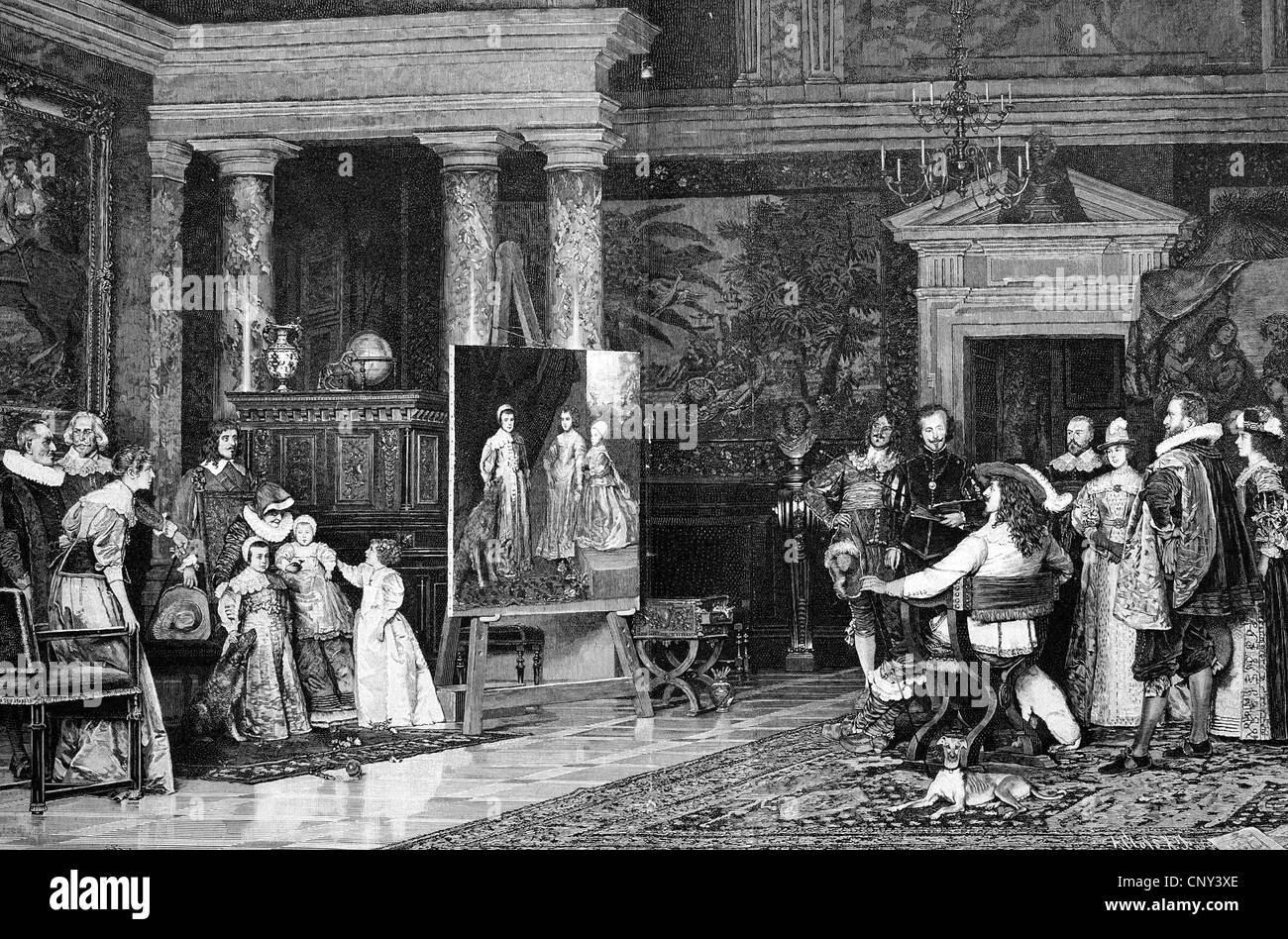 Charles I d'Angleterre dans l'atelier de Van Dyck, illustration historique, woodcut, ca 1888 Banque D'Images