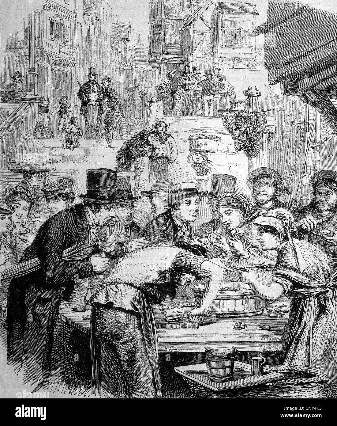 Les premières huîtres dans Londres, Angleterre, historique de la gravure sur bois, vers 1888 Banque D'Images