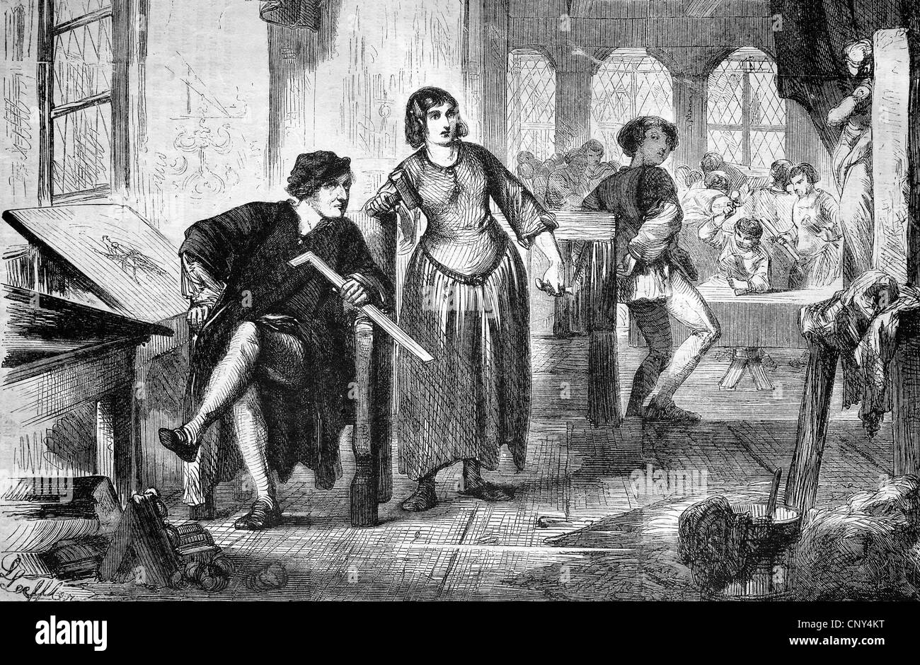 Erwin von Steinbach, 1244 - 1318, un architecte allemand et tailleur de pierres, avec sa fille Sabine sur l'emplacement de l'édifice historique, woo Banque D'Images