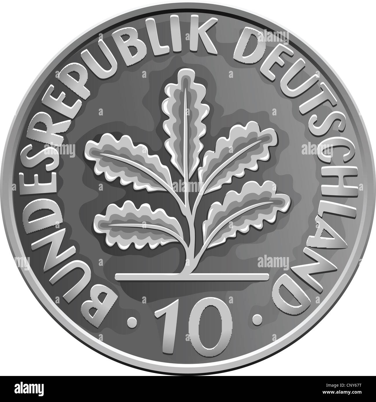 L'Allemagne de l'argent d'une pièce de monnaie dix pfennigs avec feuilles de chêne héraldique isolé sur fond blanc Banque D'Images