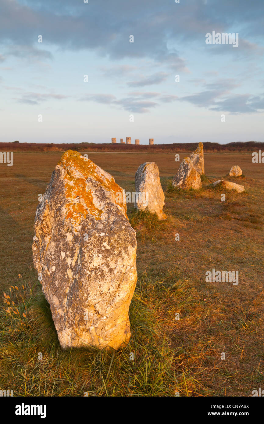 Les pierres dans les alignements de Lagatjar, à la périphérie de Camaret sur Mer, Bretagne, France. Shallow DOF, accent sur près de pierre. Banque D'Images