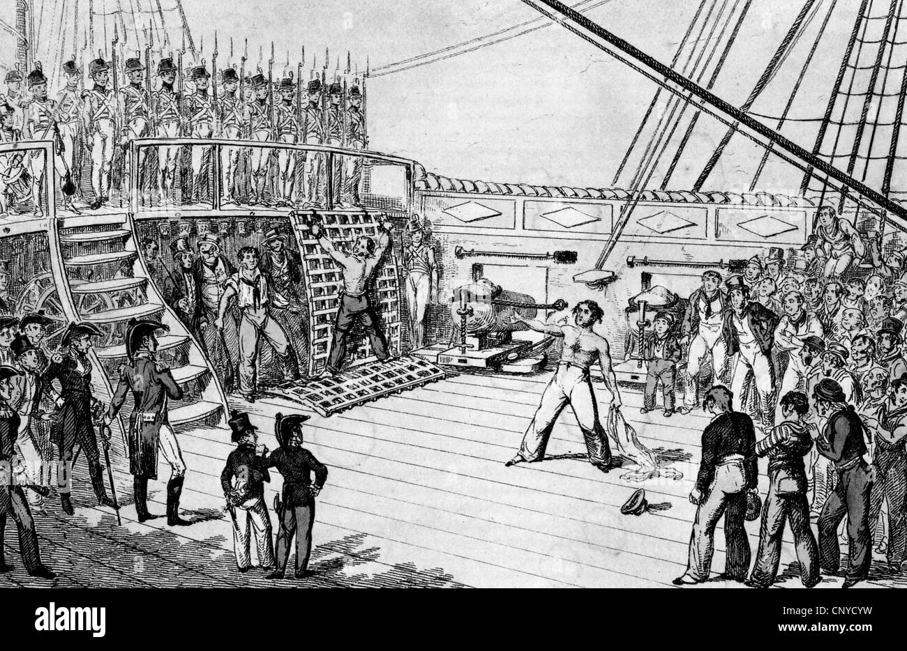 La flagellation sur un navire de guerre britannique gravée par Geoge Cruickshank en 1825. Voir la description ci-dessous Banque D'Images