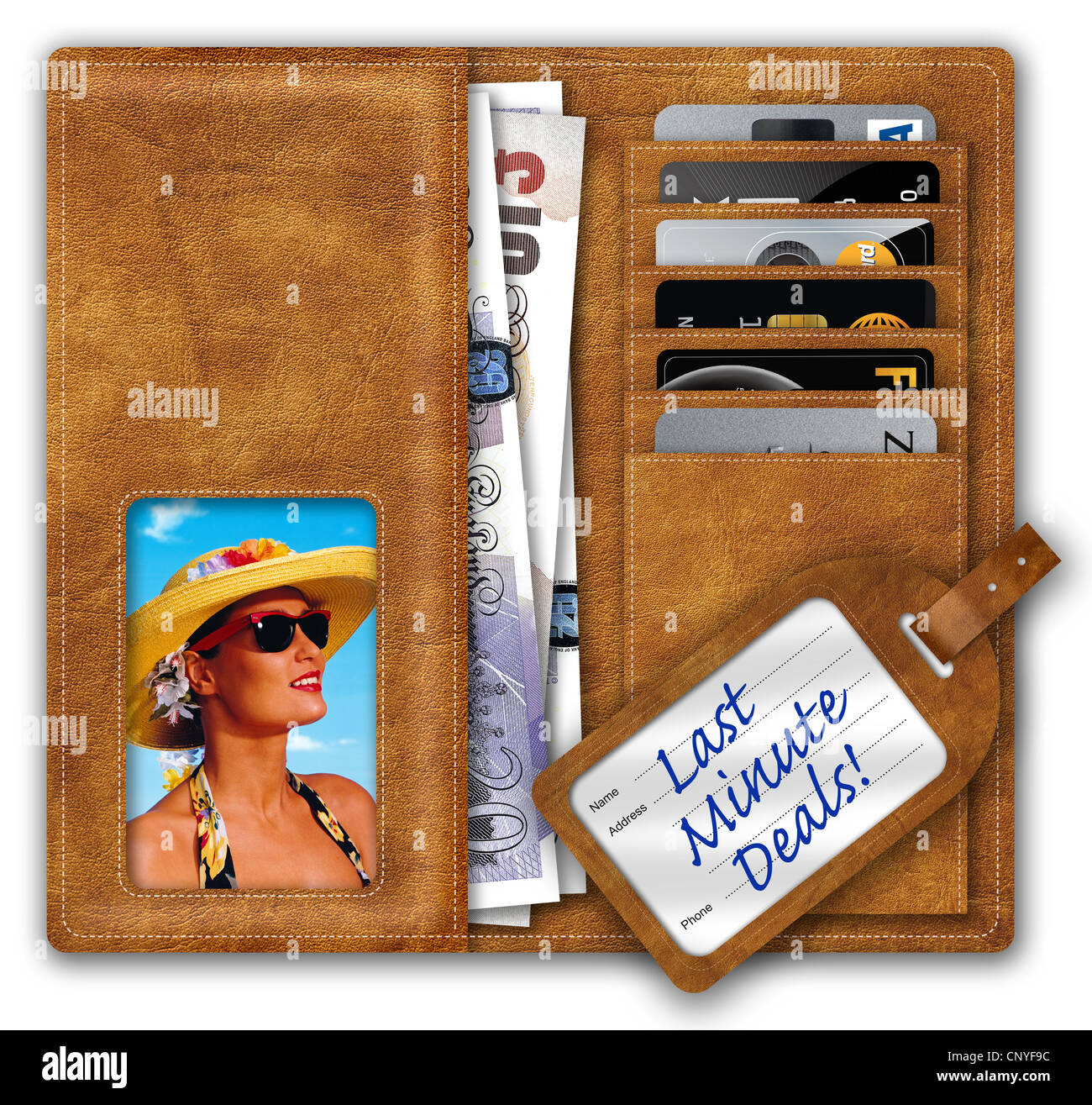 Étui contenant UK Sterling/Livres et cartes de crédit, photo de holdaymaker et offres de dernière minute ! L'étiquette. Banque D'Images