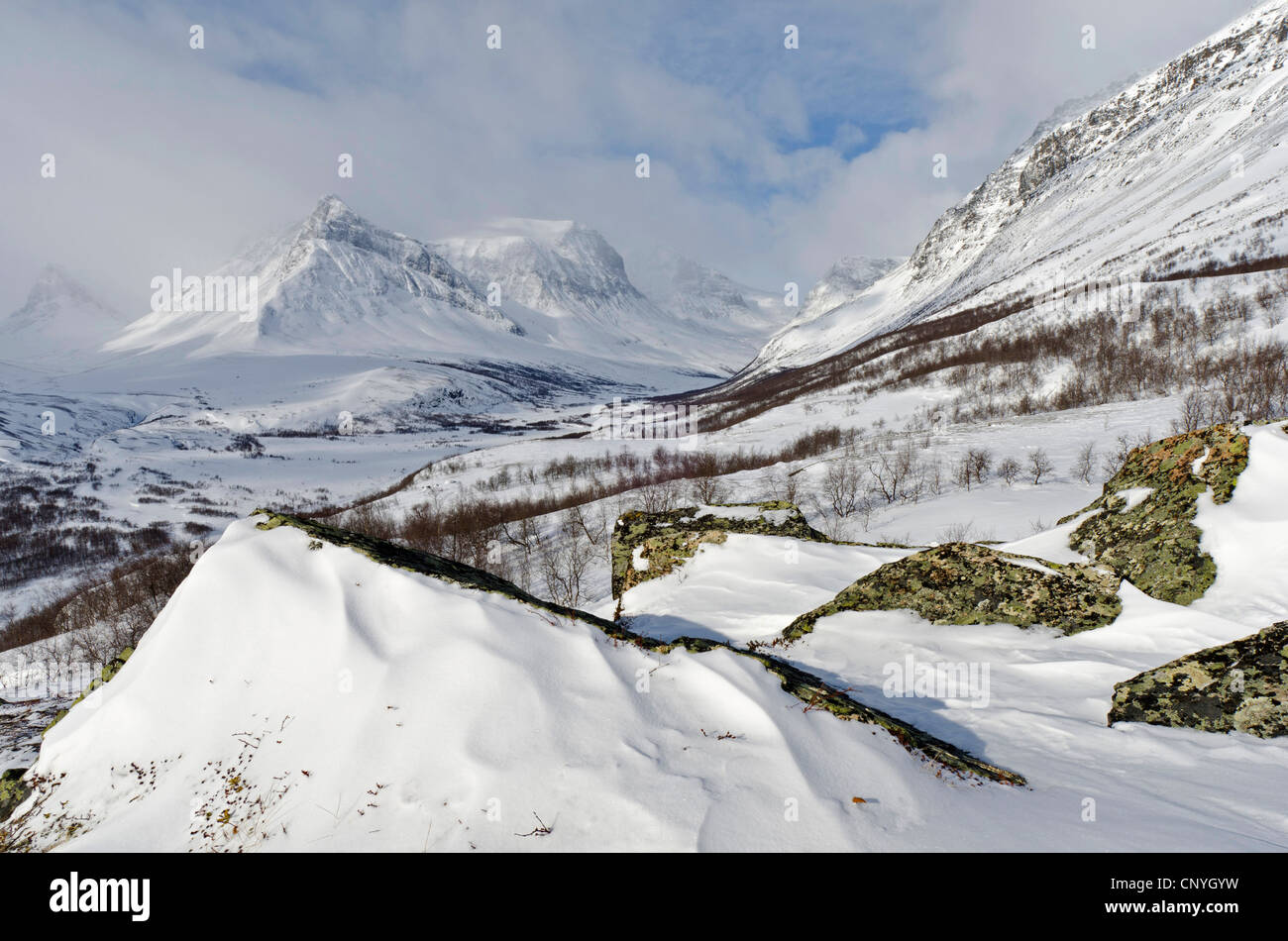 Vue d'Vistasdalen dans la vallée de montagne Kebnekaise, Suède, Laponie, Norrbotten Banque D'Images