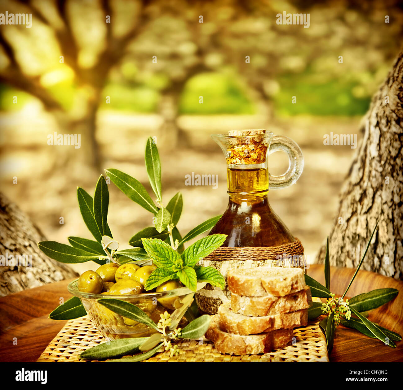 La vie encore Olives, aliments frais dans jardin d'oliviers, terrain agricole à campagne du Liban, de l'huile d'olive en bonne santé Banque D'Images