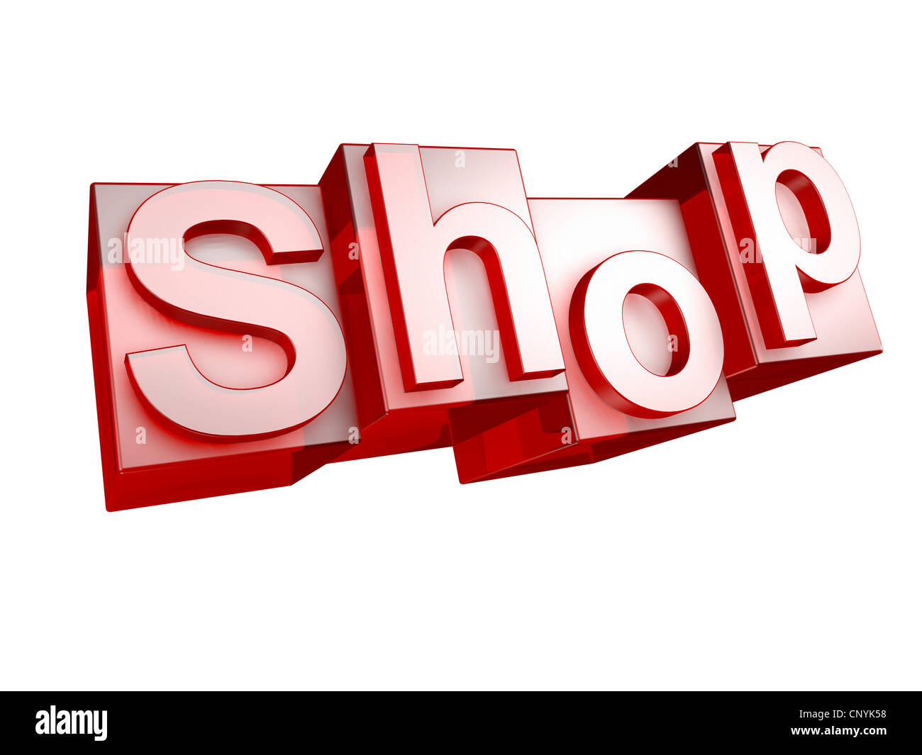 Le mot boutique en 3D lettres sur fond blanc - das Wort SHOP aus 3D Buchstaben, freigestellt gesetzt auf weißem Hintergrund Banque D'Images