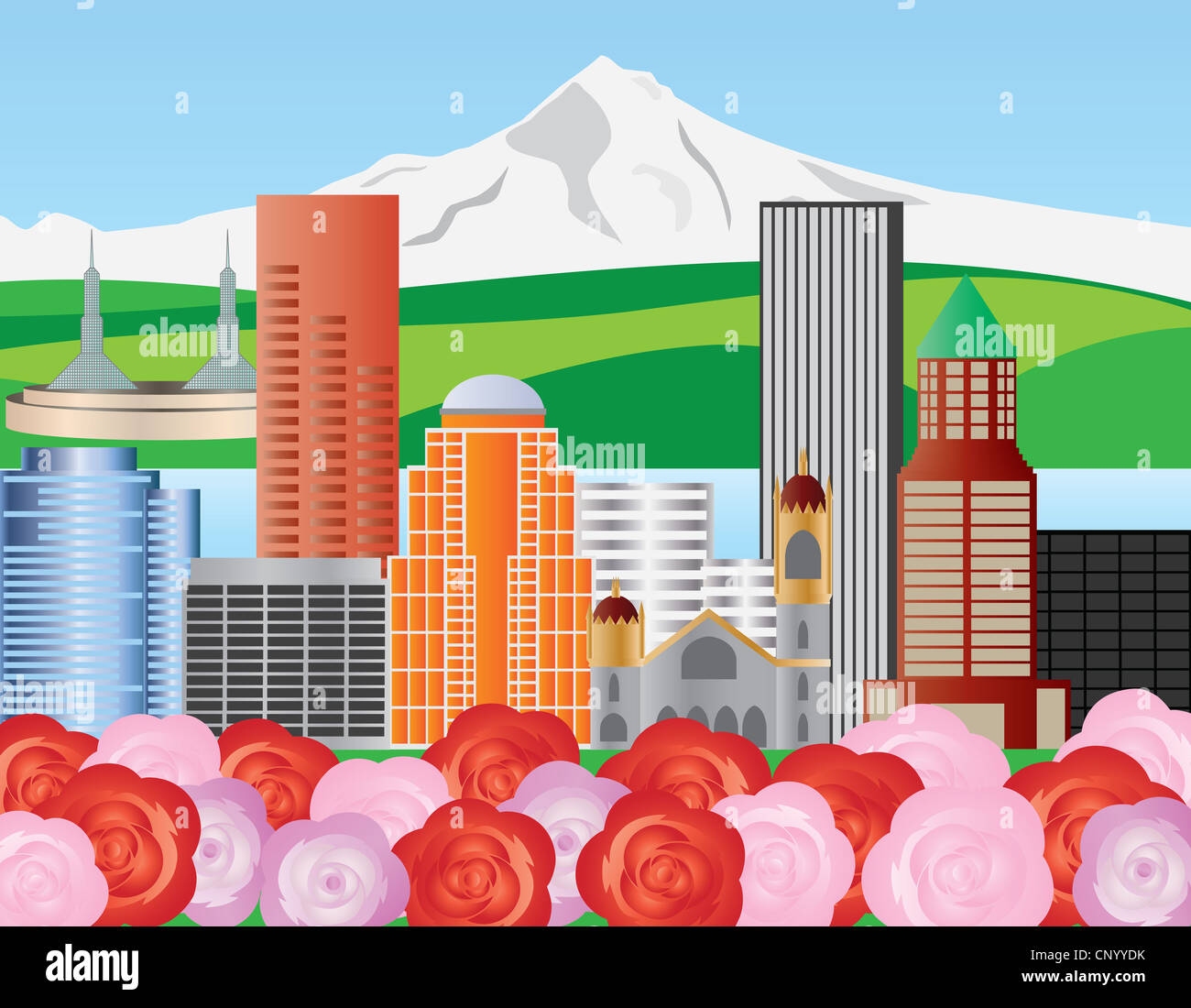 Portland Oregon Skyline avec Mount Hood et Roses Illustration Banque D'Images