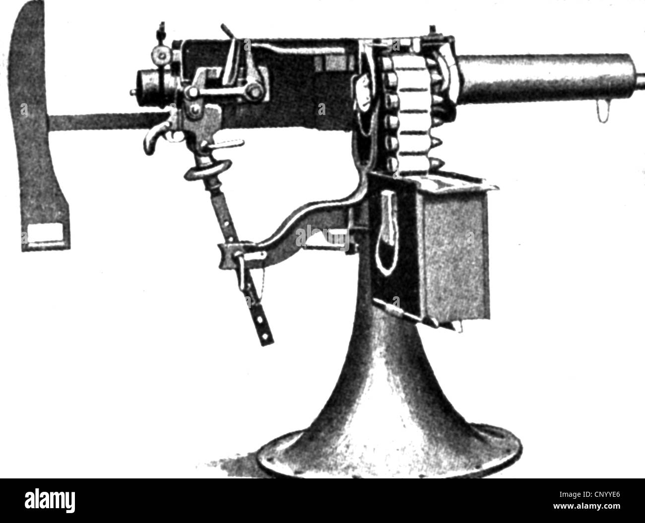 Maxim, sir Hiram, 5.2.1840 - 24.11.1916, ingénieur britannique, mitrailleuse, fin du XIXe siècle, Banque D'Images