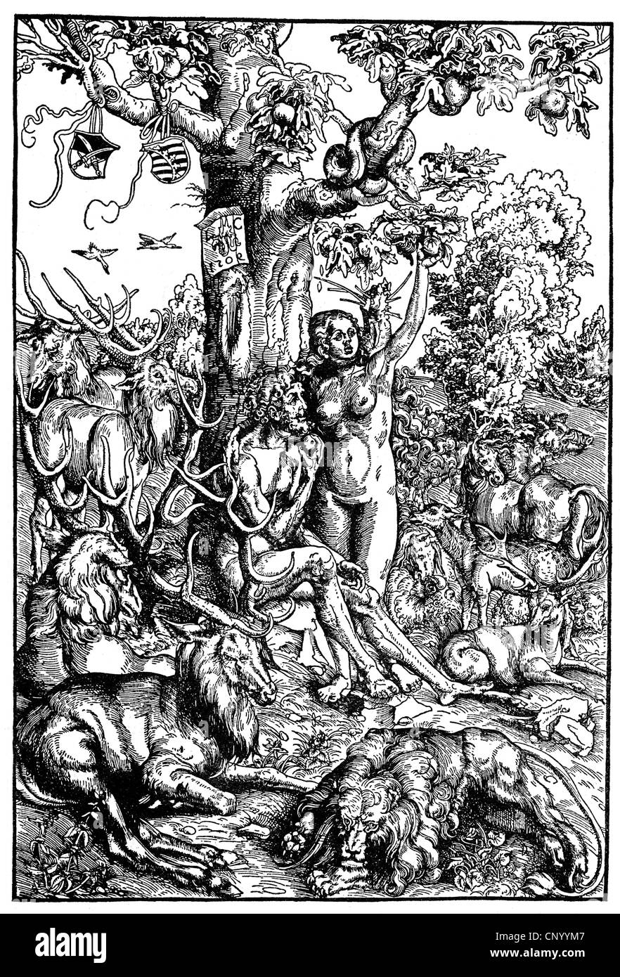 La religion, scènes bibliques, Adam et Eve au paradis, gravure sur bois par Lukas Cranach l'ancien, 1509, l'artiste n'a pas d'auteur pour être effacé Banque D'Images