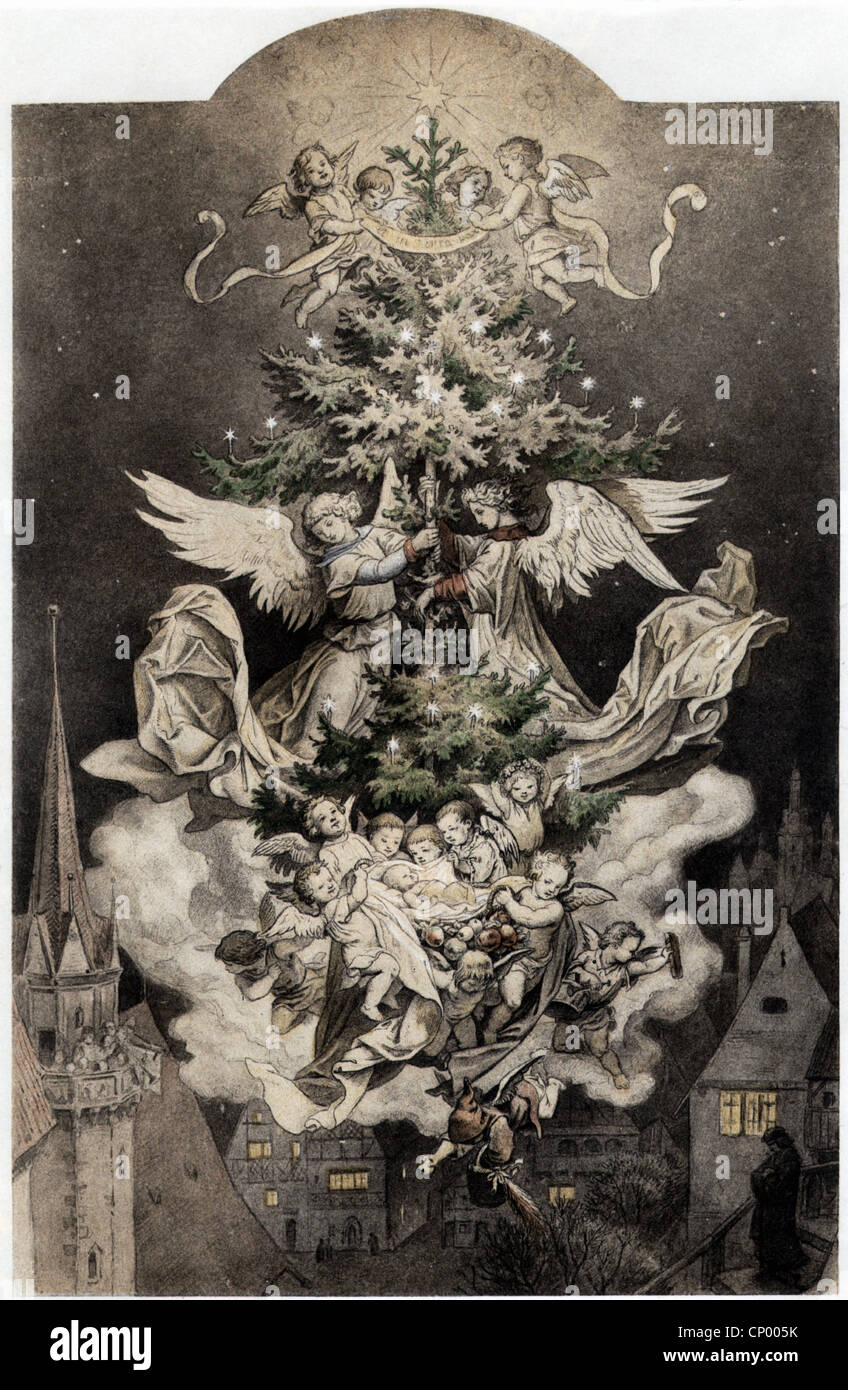 Arbre de Noël avec anges, dessin par Ludwig Richter (1803 - 1884), ange, sapin, nuage, veille de Noël, Allemagne, étoile, 19e siècle, historique, historique, allégorie, droits additionnels-Clearences-non disponible Banque D'Images