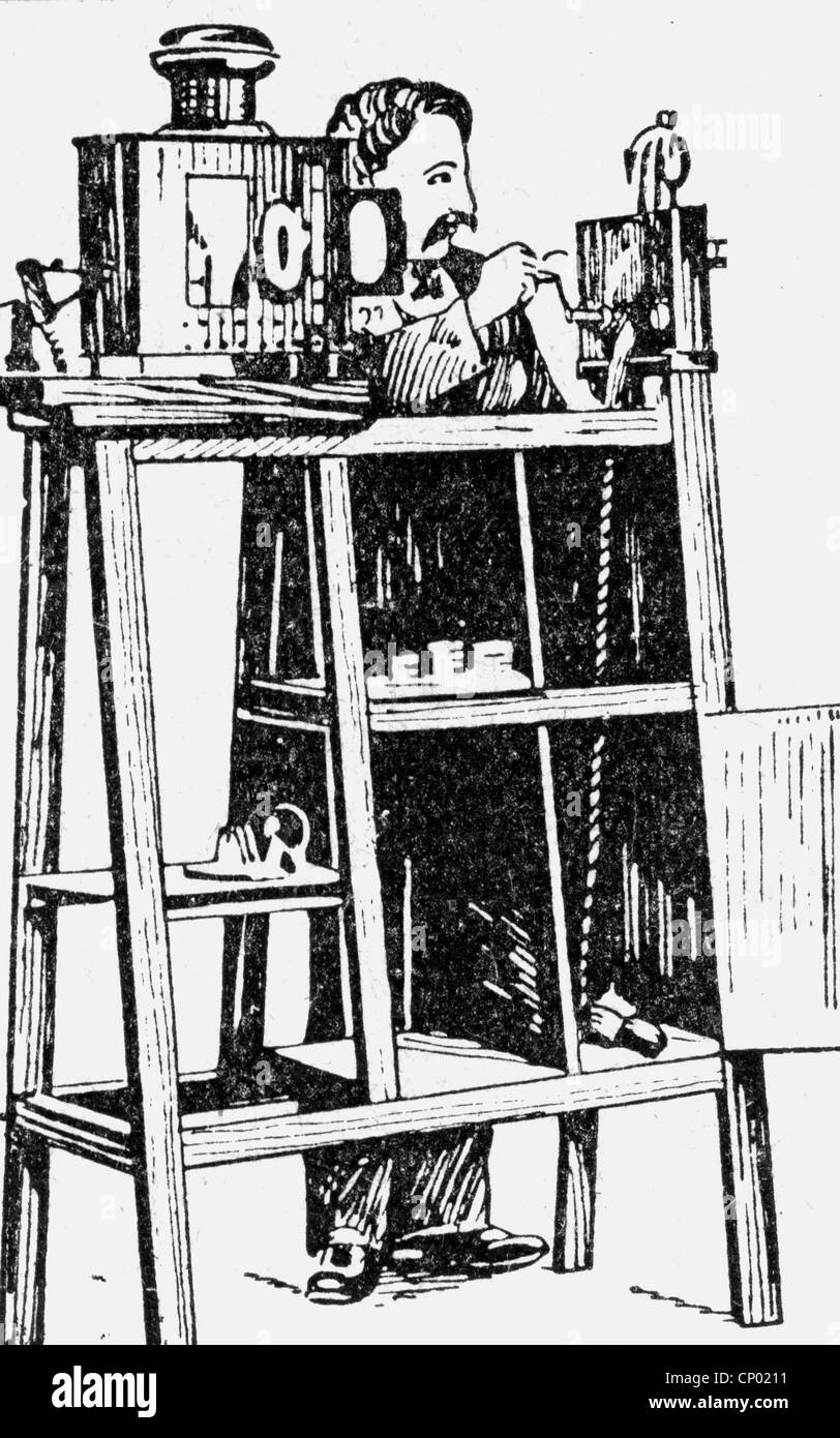 Lumiere, Louis, 5.10.1864 - 6.6.1948, photographe français, et Auguste Lumiere (1862 - 1954), illustration montrant leur 'Cinematographe', dessin, fin du XIXe siècle, Banque D'Images