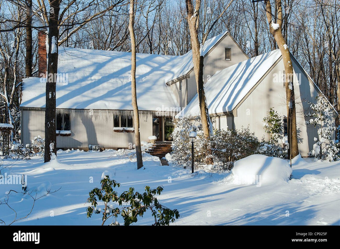 Maison rurale dans la neige de l'hiver. Banque D'Images