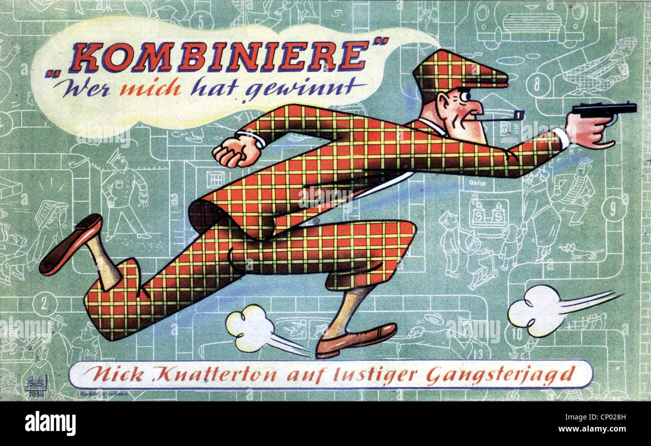 Littérature, bande dessinée 'Nick Knatterton' par Manfred Schmidt, jeu de société, couverture, 'Nick Knatterton auf lustiger Gangsterjagd', années 1950, droits supplémentaires-Clearences-non disponible Banque D'Images