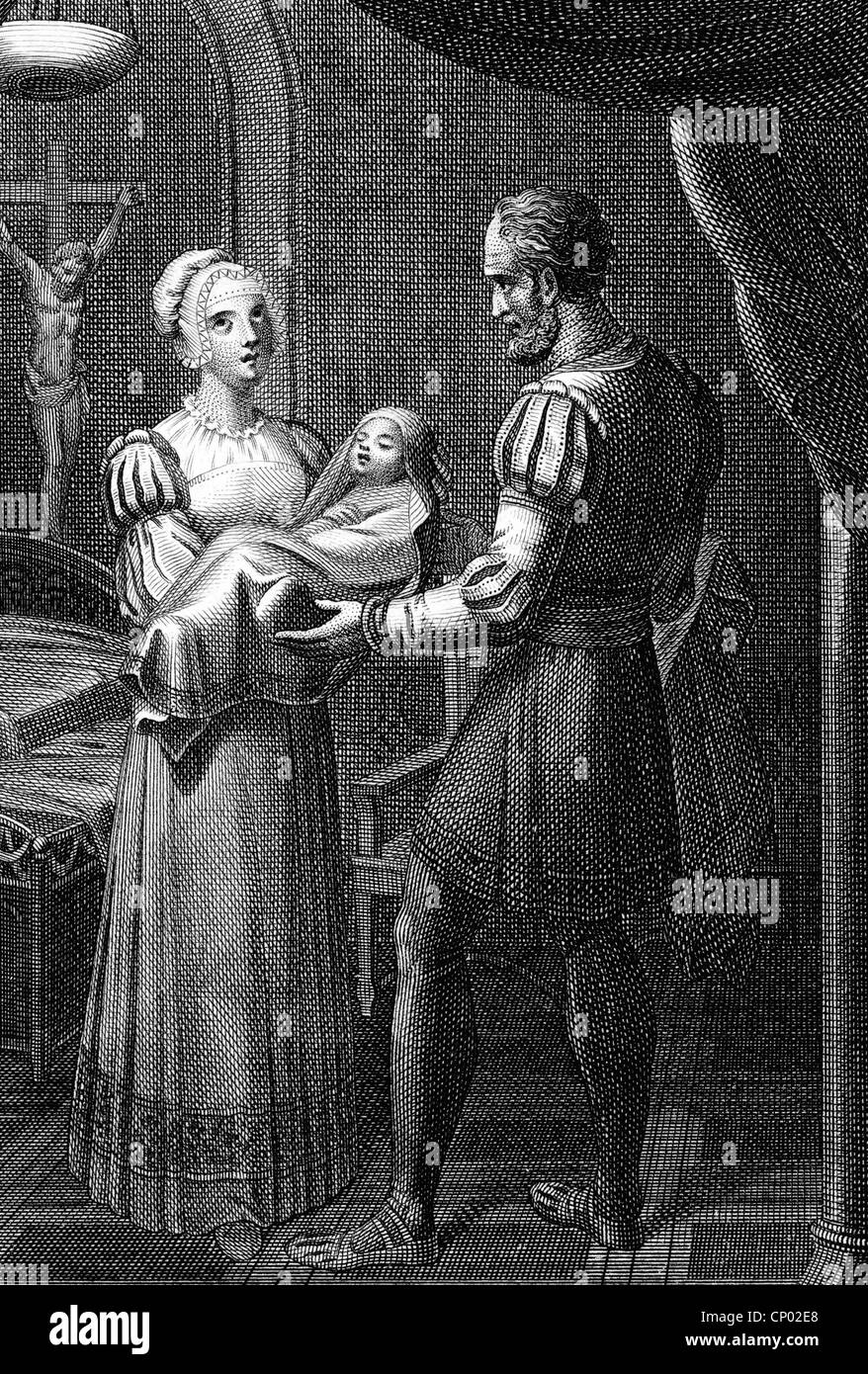 Griselda, figure de légende médiévale éponyme, pour la patience et obdience, récupérer son enfant de son mari, gravure sur cuivre, 18e siècle, l'artiste n'a pas d'auteur pour être effacé Banque D'Images
