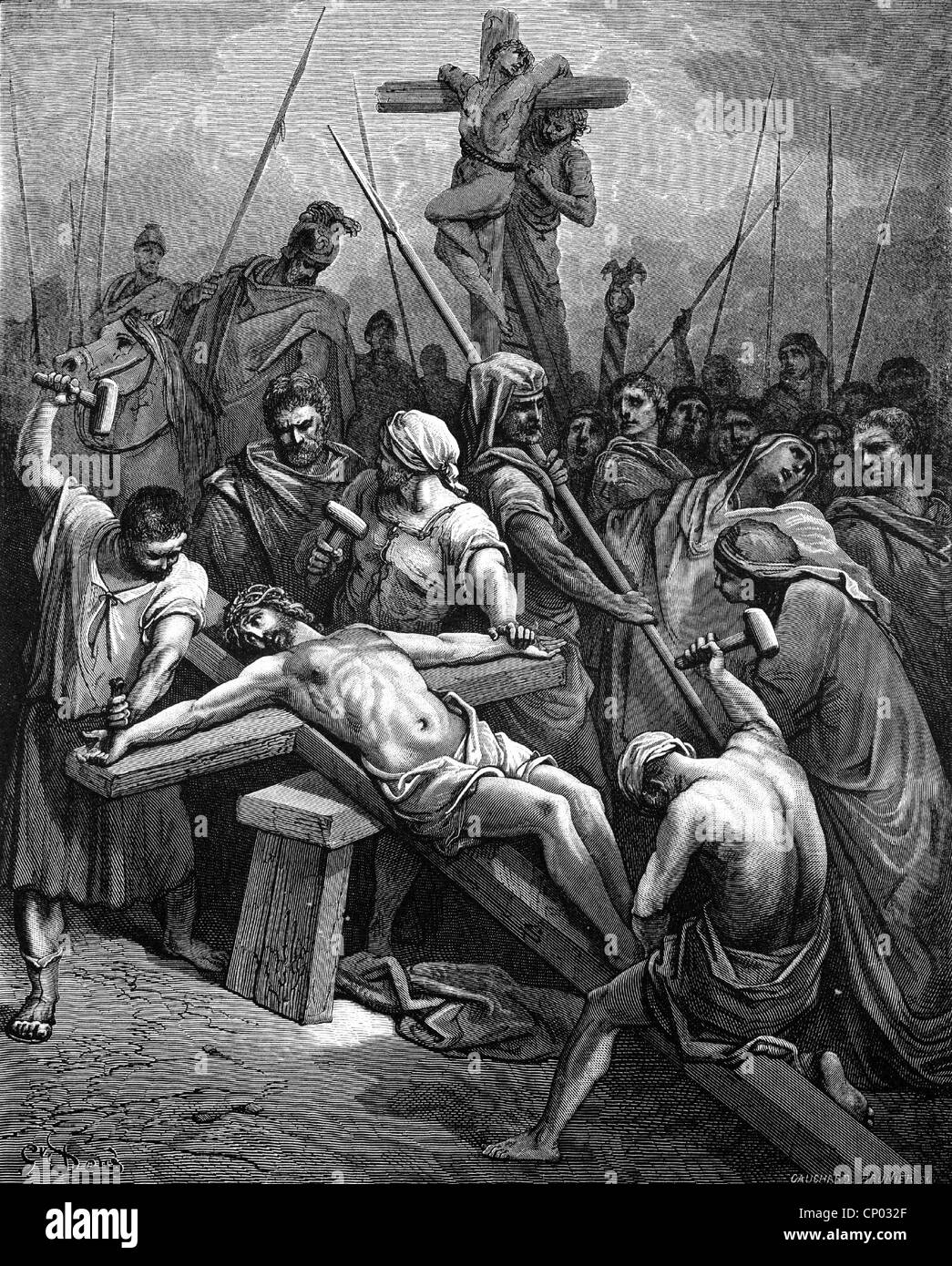 La religion, le christianisme, Jésus Christ, croix, "La crucifixion", gravure sur bois par Gustave Dore, vers 1866, l'artiste n'a pas d'auteur pour être effacé Banque D'Images