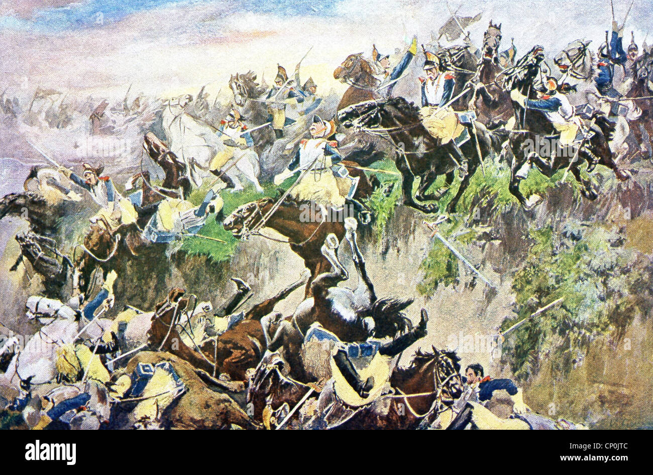 La bataille de Waterloo a eu lieu le dimanche 18 Juin, 1815. Ici, les Français, sous Napoléon, attaquer l'Anglo-Allies. Banque D'Images