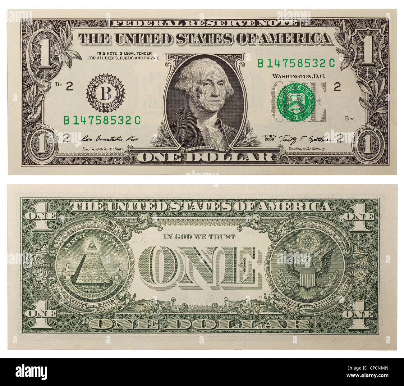 One dollar bill, le dos et l'avant Banque D'Images