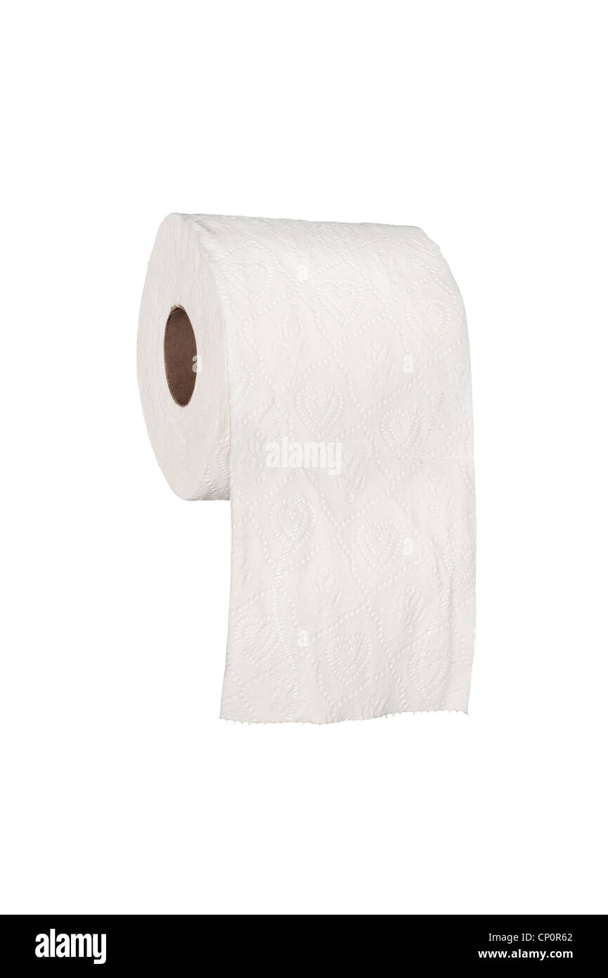 Un rouleau de papier de soie de bains wc isolé sur un fond blanc. Banque D'Images