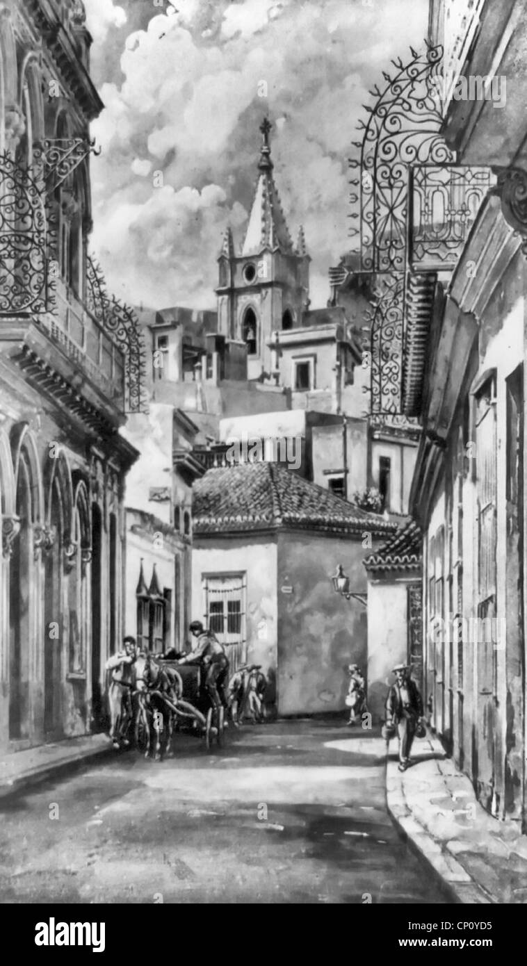 Scène de rue dans la vieille Havane, Cuba, avec clocher d'église en arrière-plan, vers 1918 Banque D'Images