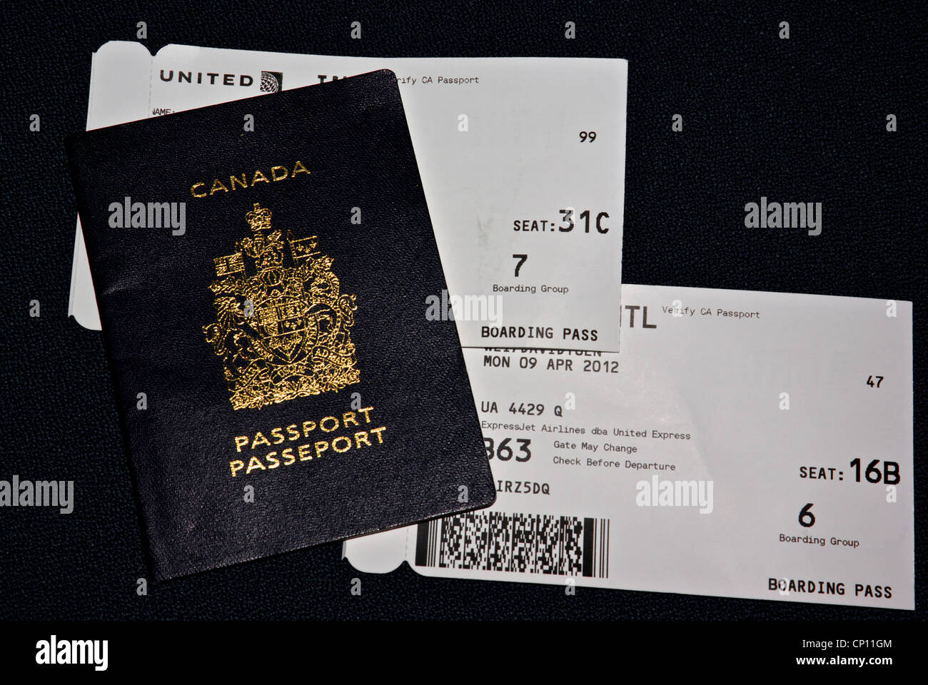 Passeport canadien et d'identification d'embarquement United Airlines Banque D'Images