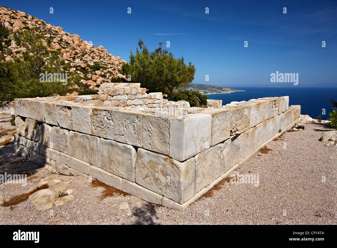 L'ancien temple d'Athéna, au site archéologique de Emboreios, Chios (ou '' Hios island), au nord-est de la mer Égée, Grèce. Banque D'Images