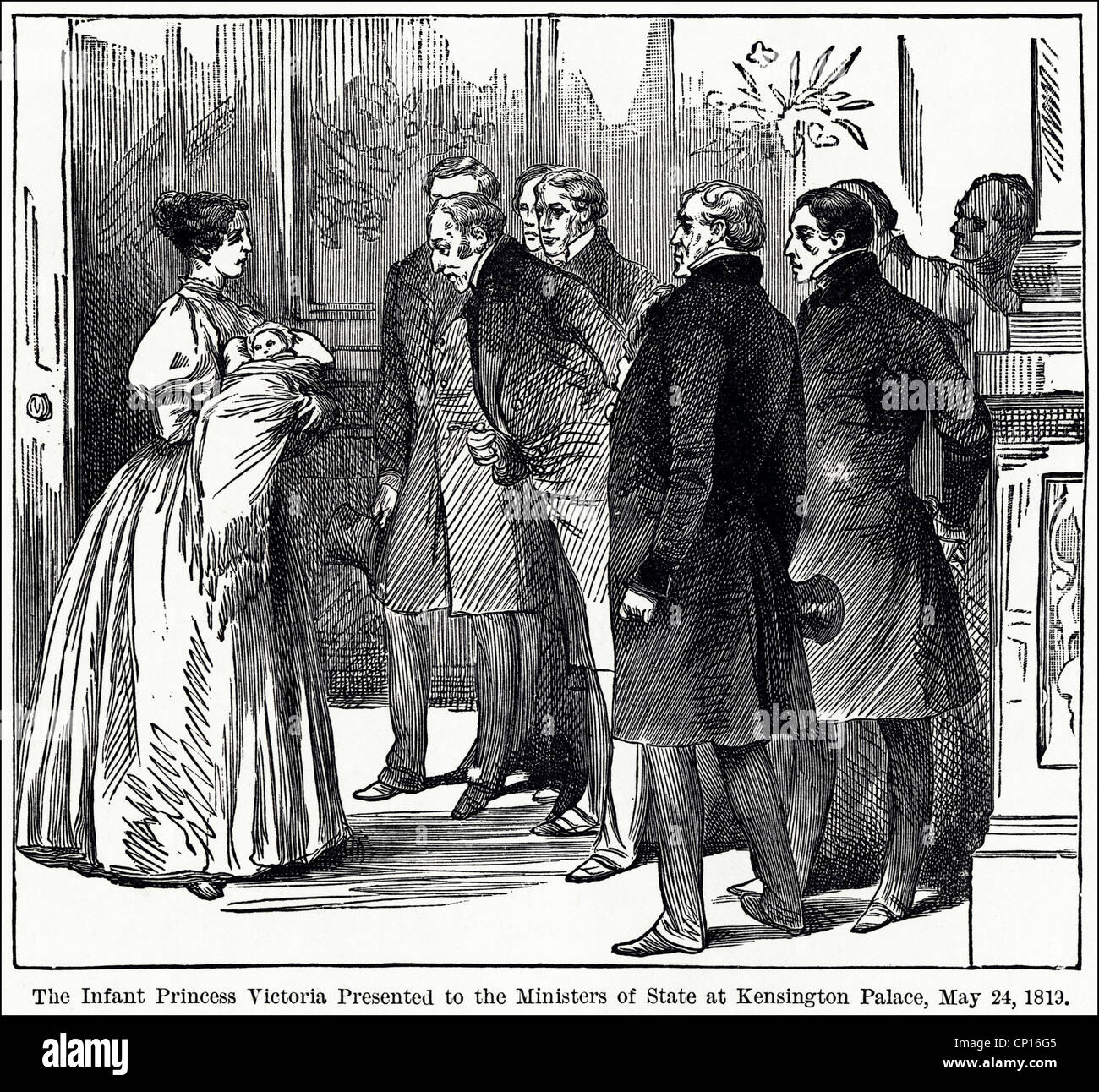 L'infant baby Princess Victoria présenté aux ministres d'État au palais de Kensington à Londres, le 24 mai 1819. La gravure de l'époque victorienne en date du 13 juin 1887 Banque D'Images