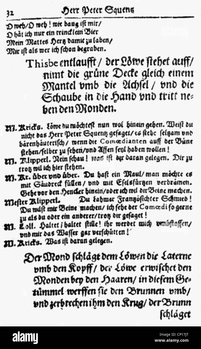 Gryphius, Andreas , 2.10.1616 - 16.7.1664, auteur / écrivain allemand (poète), page de son 'Absurda comica' (Herr Peter Squenz), Banque D'Images
