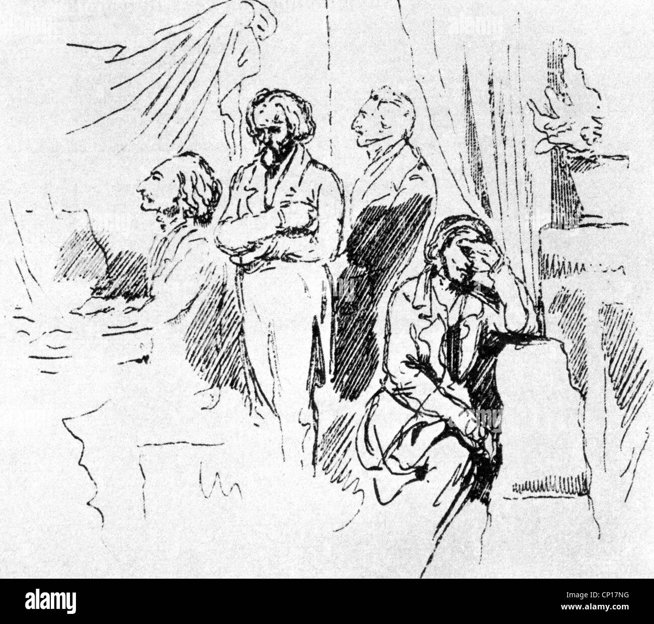 Czartoryski, Adam Kazimierz, 1.12.1734 - 19.3.1823, noble polonais, sa femme Izabela Czartoryska avec invité en salon, dessin de Cyprian Kamil Norwid, Banque D'Images