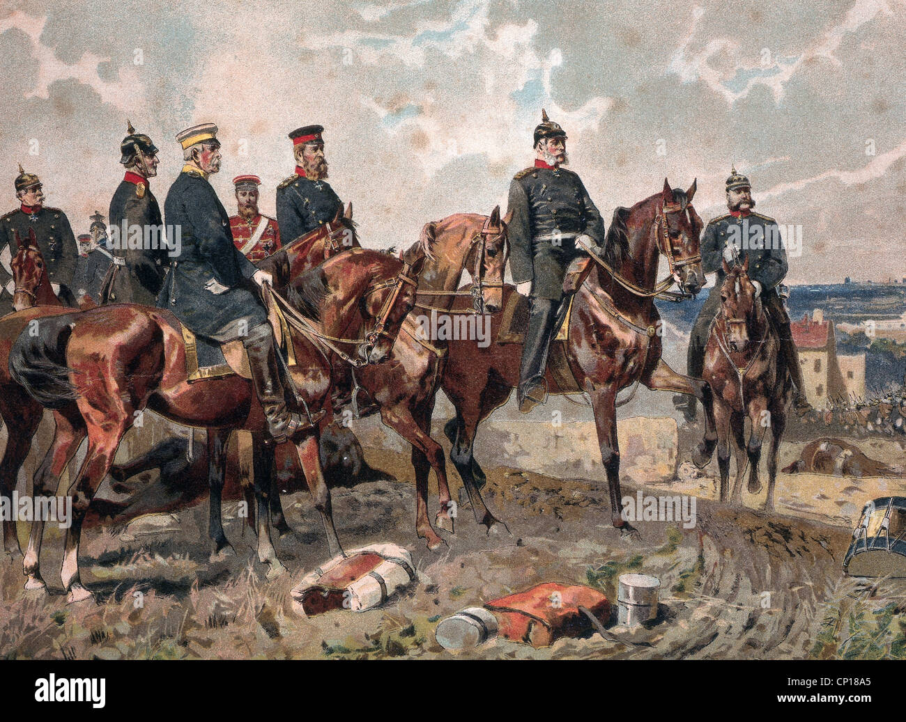 William I, 22.3.1797 - 9.3.1888, empereur allemand 18.1.1871 - 9.3.1888, roi de Prusse 2.1.1861 - 9.3.1888, avec son commandant sur le terrain, France, 1870, chromolithographe après Georg Koch, vers 1895, Banque D'Images