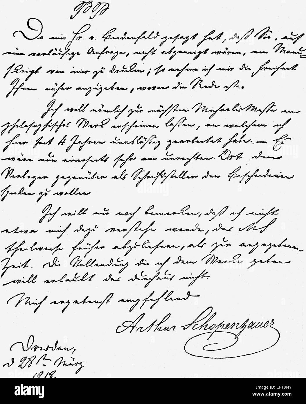 Schopenhauer, Arthur, 22.2.1788 - 21.9.1860, philosophe allemand, son écriture, lettre à Friedrich Arnold Brockhaus, Dresde, 28.3.1818, Banque D'Images