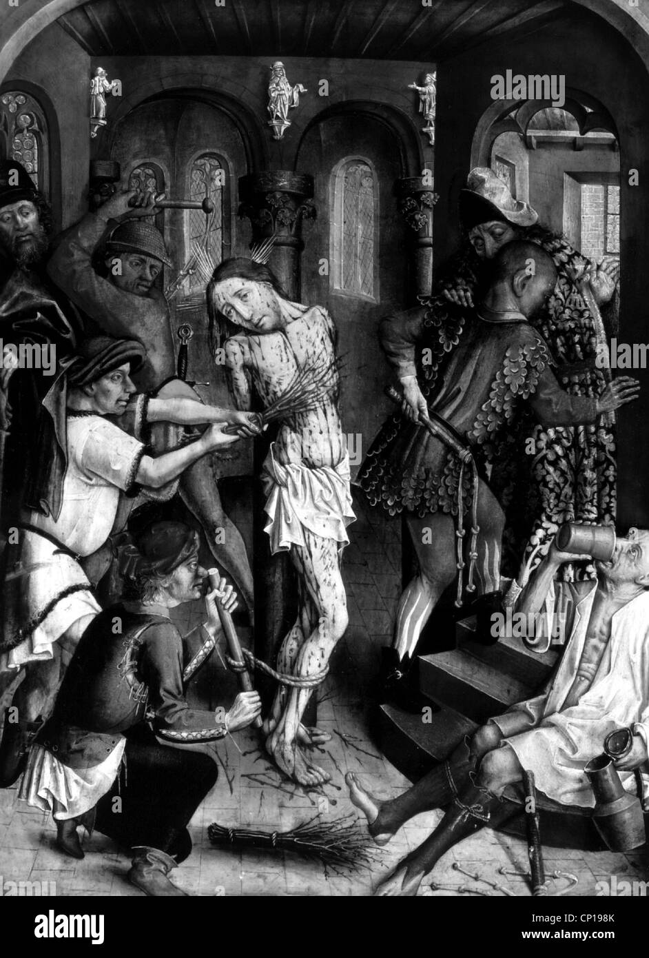 Religion, Christianisme, passion, 'flagellation du Christ', vers 1455, maître de la passion de Karlsruhe, tempera et huile sur bois, 66,5 x 46,5 cm, Musée national des Arts, Karlsruhe, Allemagne, 1455, droits additionnels-Clearences-non disponible Banque D'Images