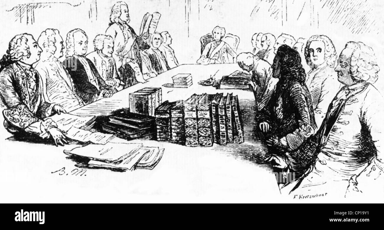 Science, académie prussienne des sciences, fondée 11.7.1700, assemblée avec le roi Frédéric II de Prusse, vers 1745, dessin par Adolf von Menzel, illustration à 'Histoire de Frederik le Grand' par Franz Kugler, 1842, droits additionnels-Clearences-non disponible Banque D'Images