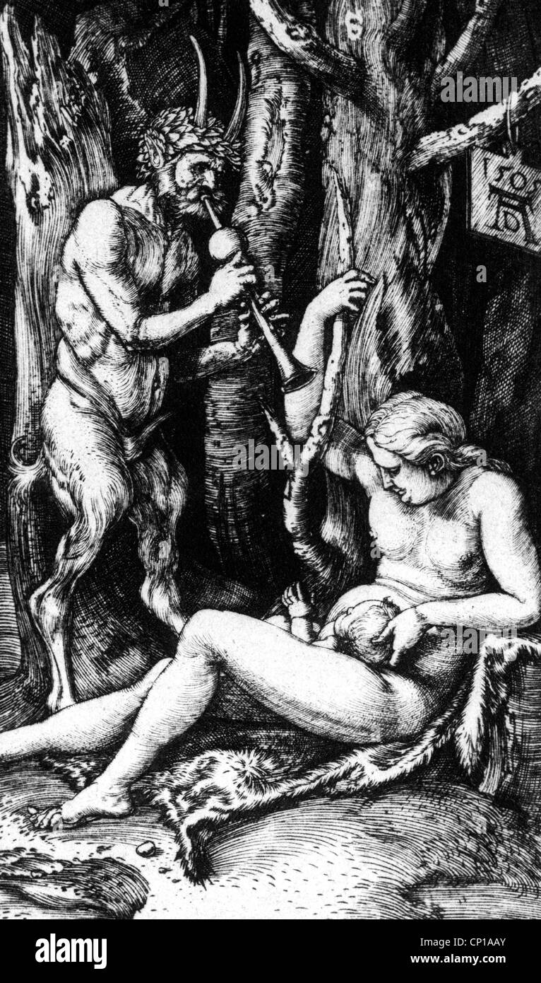 Satyr, démon de la fertilité et compagnon de Pan et Dionysos, "le satyre Famille", gravure sur bois par Albrecht Dürer, l'artiste n'a pas d'auteur pour être effacé Banque D'Images